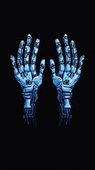 Naklejka premium Two blue robotic hands are shown on a black background