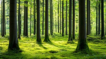 Obraz premium Lush Green Forest with Tall Trees and Sunlight Filtering Through Leaves, Creating a Serene Atmosphere