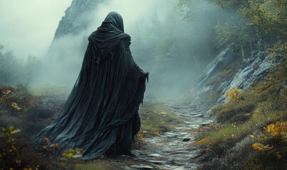 Dark cloaked figure walks misty mountain path