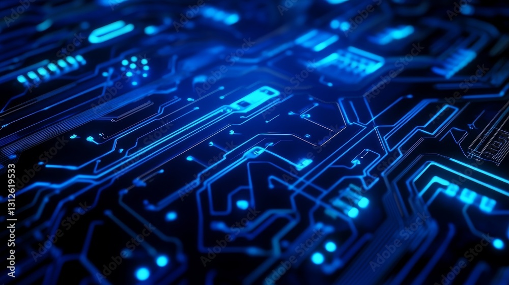 Poster close-up view of a vibrant blue circuit board with intricate patterns and glowing elements