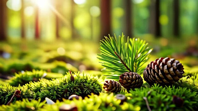 Close-up of balsam fir tree branches and pine cones in lush forest setting with sunlight