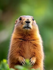 Fototapeta premium Prairie Dog Portrait in Nature - A cute prairie dog sits upright, looking directly at the camera against a blurred green background