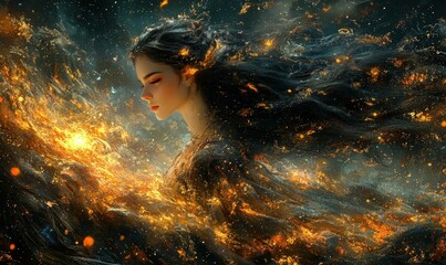 Naklejka premium Serene woman enveloped fiery cosmic waves