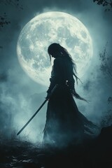 Solitary warrior moonlit landscape serene sword
