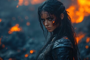 Fierce woman, fire-scarred, defiant gaze, dark background.