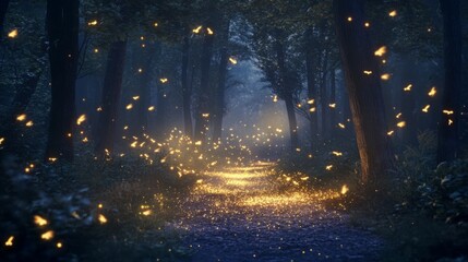 Magical lights of fireflies dancing in a dark and mystical forest generative ai