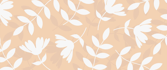 Abstract vector botanical background. Leaves, flowers, organic shapes, boho, earth colors. Illustration design for eco packaging, interior, cover, wall art, wallpaper.