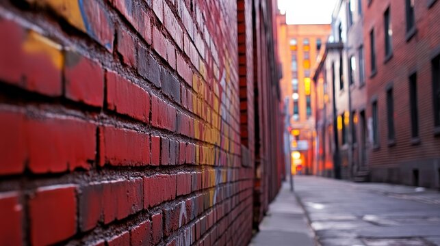 Narrow alleyway with red brick walls, graffiti art, and warm sunset lighting in the background