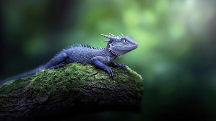 Obraz premium Blue Dragon Lizard on Mossy Branch in Lush Green Forest