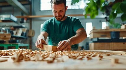 Skilled carpenter shaping wood in a workshop, surrounded by shavings and tools, showcasing craftsmanship