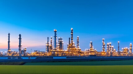 Fototapeta premium Industrial skyline at dusk showcasing illuminated refinery structures against a serene background