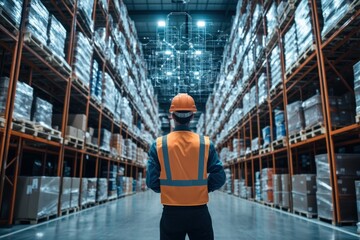 Warehouse Worker Analyzing Stock Inventory in Modern Distribution Center with Safety Gear