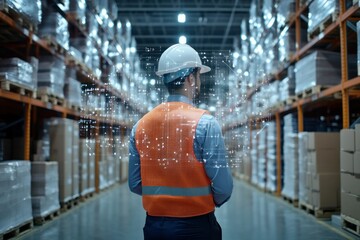 Warehouse Worker Analyzing Inventory Data with Augmented Reality in Modern Storage Facility