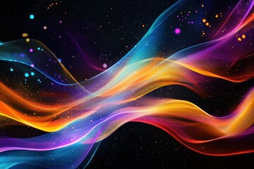 Obraz premium Colorful abstract waves with luminous particles on a dark background for artistic designs