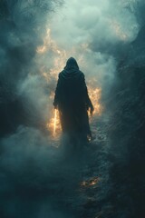 Obraz premium Hooded figure walks glowing path mystical forest