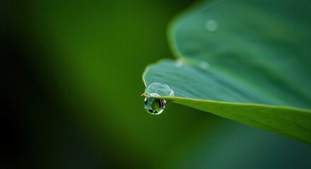 Water Drop Hanging From Green Leaf Tip in a Lush Setting