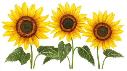 Obraz premium Three Sunflowers on White - Vibrant sunflowers symbolize happiness, summer, warmth, nature, and growth. A perfect for summer themes
