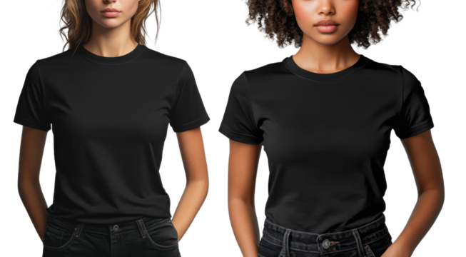 Black t shirts on diverse models showcasing casual fashion styles