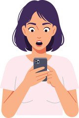 Surprised woman with short hair looking at a smartphone while standing against a plain background in a flat vector illustration