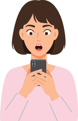Surprised young woman with short brown hair looking at her smartphone in a flat and minimal vector illustration