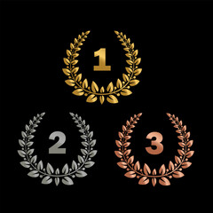 Set of three laurel wreath awards with place numbers 1 gold 2 silver and 3 bronze. For the medal element, award certificate and certificate, winner and champion award