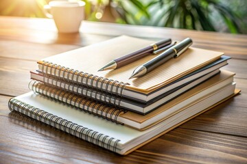 a stack of blank notebooks and pens on a desk
