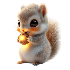A Fluffy 3D Cartoon Squirrel Eating a Nut Isolated on Transparent Background