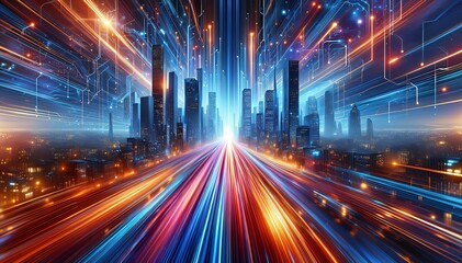 Fototapeta premium A futuristic cityscape of vibrant neon and dynamic motion that captures the essence of technological innovation in an urban setting. 