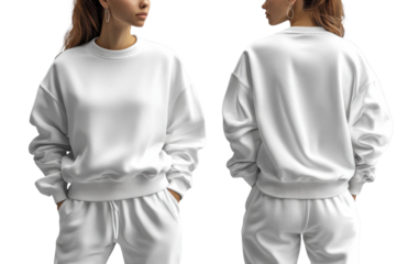 stylish woman wearing white oversized sweatshirt and matching pants, showcasing casual look