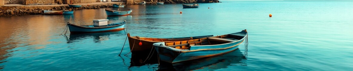 Obraz premium Serene coastal photography of traditional wooden fishing boats floating peacefully on calm turquoise waters near a Mediterranean harbor at sunrise