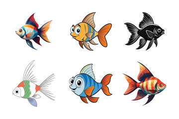Cute Cartoon Fish Set: A vibrant set of six adorable cartoon fish illustrations featuring diverse colors and playful expressions. Perfect for children's books, websites.