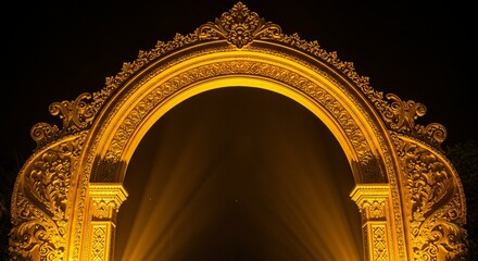 Majestic gold arch with intricate detailing, illuminated by elegant light effects, creating a warm and captivating glow