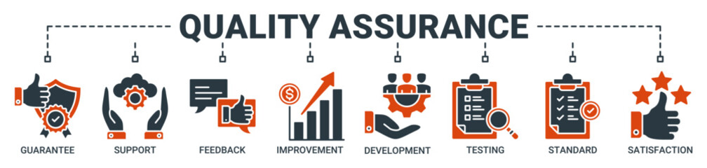 Quality assurance web icon vector illustration concept with icon of guarantee, support, feedback, improvement, development, testing, standard, and satisfaction icons. Solid color symbol background.