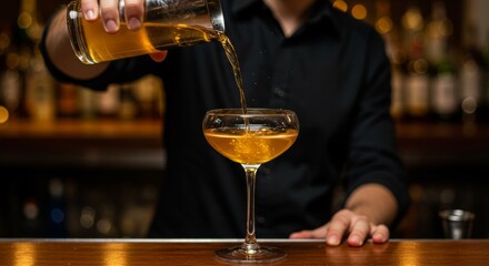 A bartender pouring a golden-hued cocktail into an elegant coupe glass, with a thin stream cascading into the glass