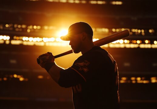 Silhouette of Baseball Player at Sunset: Dramatic silhouette of a baseball player poised with bat on his shoulder under a radiant sunset, embodying focus, determination, and the spirit of competition. - Powered by Adobe