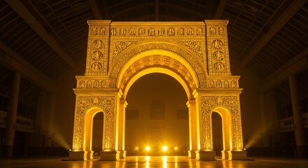 Obraz premium Majestic gold arch with intricate detailing, illuminated by elegant light effects, creating a warm and captivating glow