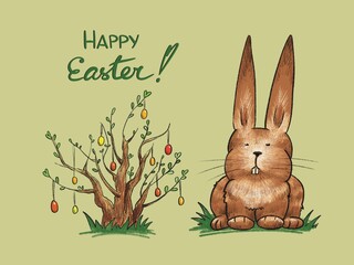 A cute and funny Card with an Easter Bunny and a Spring Bush with English Text. 