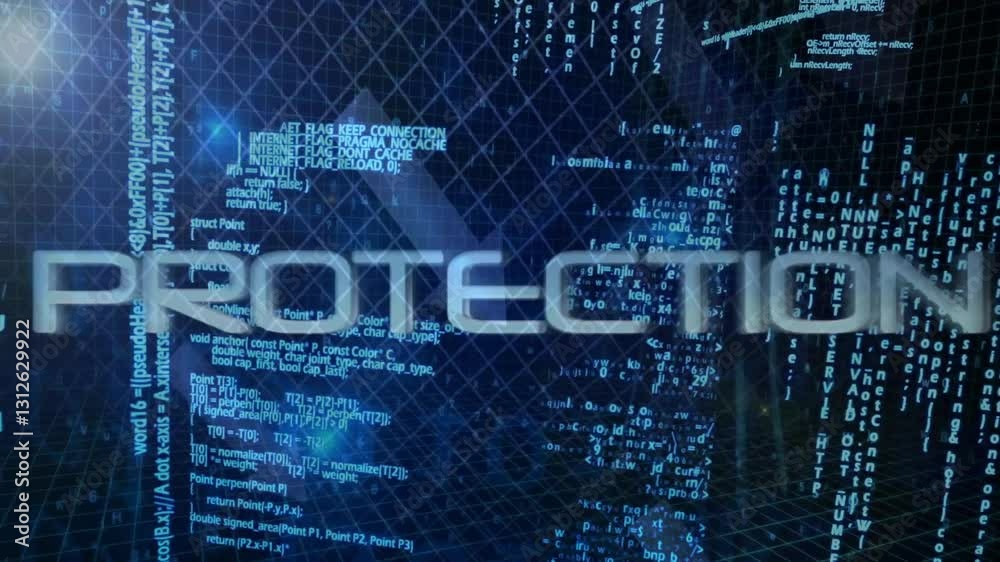 Poster overlaying digital spam text on grid with binary code and data animation