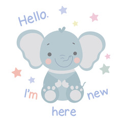 Flat design of a cute light gray baby elephant with stars and lettering on a white background. Vector illustration