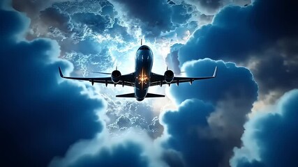 Airplane flying through dramatic stormy clouds, illuminated by lightning in the background