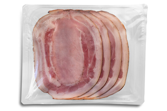 Porchetta roast slices packaged in clear plastic tray for sale, isolated