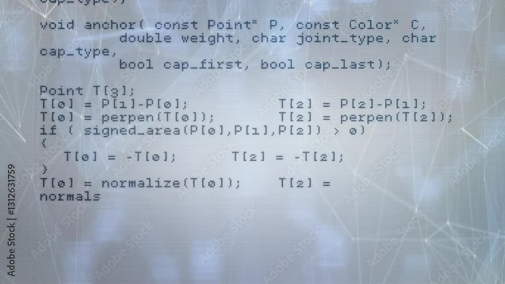 Poster computer code over blue and white geometric background with animation elements