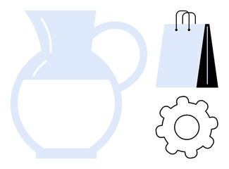 Transparent pitcher, shopping bag with handles, and gear symbol suggest themes of consumption, retail, sustainability, process automation, innovation, design creativity, and operational efficiency