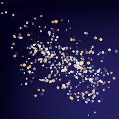 Playful abstract vector illustration of assortment of pastel-colored geometric shapes, including circles, stars, hexagons, squares. Dark blue festive background. Holiday confetti decor.