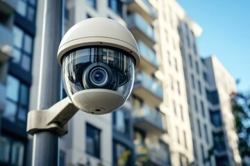 High-definition security camera mounted on a pole against a modern urban apartment building backdrop during clear daylight