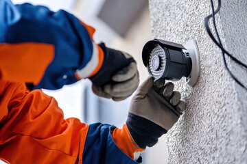 Technician installs security camera on exterior wall during daytime for enhanced surveillance in residential area