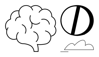 Brain, pill shape, and simple cloud forms representing mental health, medication, and nature. Ideal for healthcare, mental wellness, creativity, mindfulness treatment science abstract flat simple