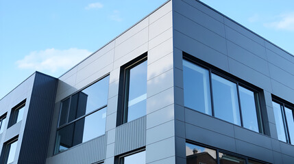 Obraz premium Modern office building facade with graphite cladding and large windows against a blue sky.