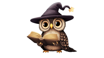 Cute wizard owl reading a magic book on transparent background
