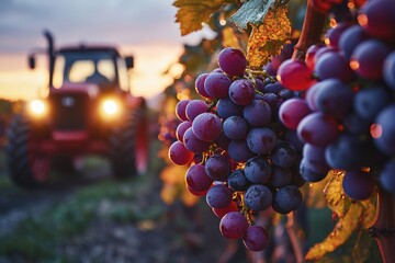 Tractor harvesting grapes during sunset in a vineyard, highlighting the beauty of rural agriculture